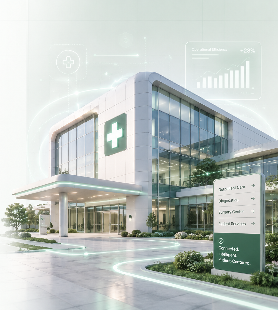 Modern hospital building with AI healthcare workflow overlays and no human photo